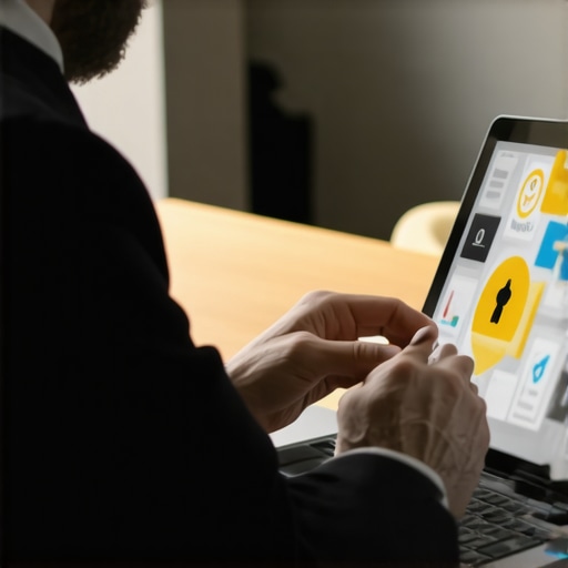 Business owner analyzing reputation management tools on laptop with security icons