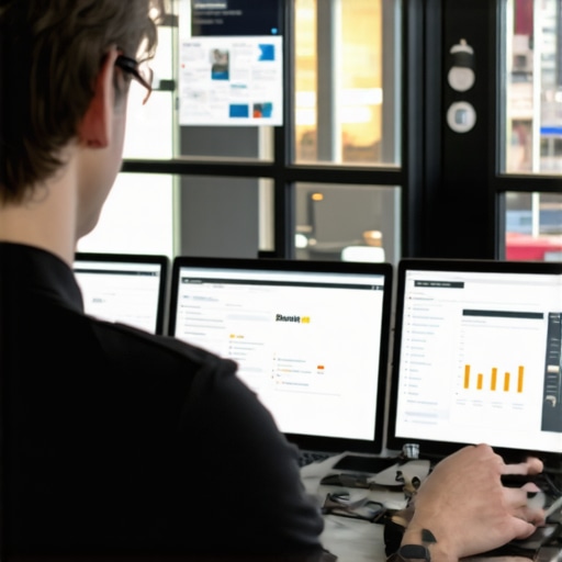 Business owner reviewing online reputation management tools on screens.