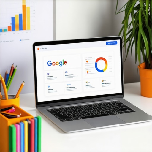 Laptop with GBP dashboard and SEO tools on a desk