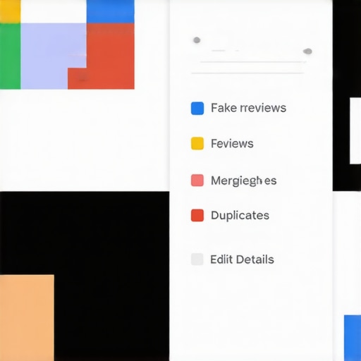 Illustration of cleaning and optimizing a Google Business Profile with flags, merges, and edits.