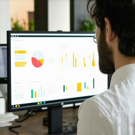 A person using SEO tools on multiple screens in a modern office environment, focusing on local citation and review monitoring