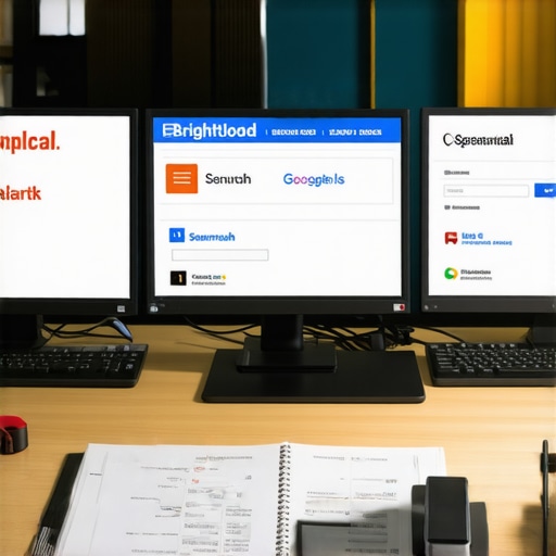 Computer monitors displaying SEO and reputation management tools in a professional office setting.
