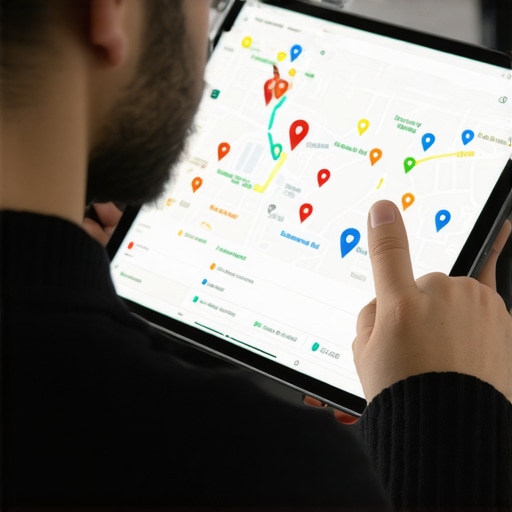 Person analyzing Google Business Profile map with suspicious pins highlighted.