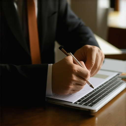 Person verifying documents on a laptop for business profile verification.