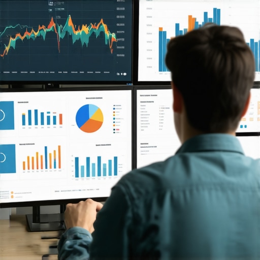 A professional analyzing SEO data and rankings on multiple screens.