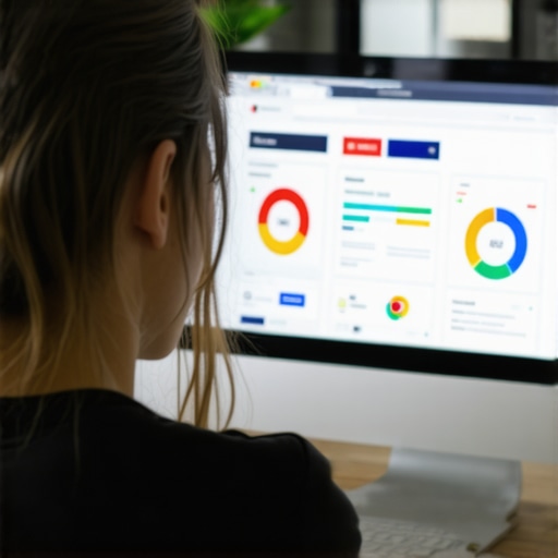 Monitoring SEO Tools for GBP Business owner analyzing SEO analytics on a laptop showing dashboards and alerts.