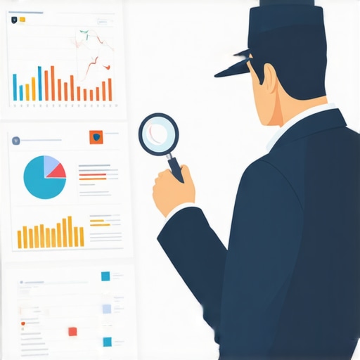 Illustration of a detective examining a digital profile with data charts and magnifying glass.