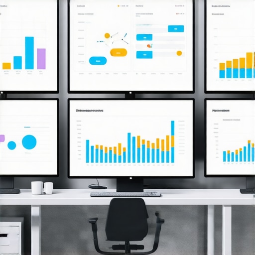 Person monitoring SEO analytics dashboard on multiple screens in a sleek office setting.