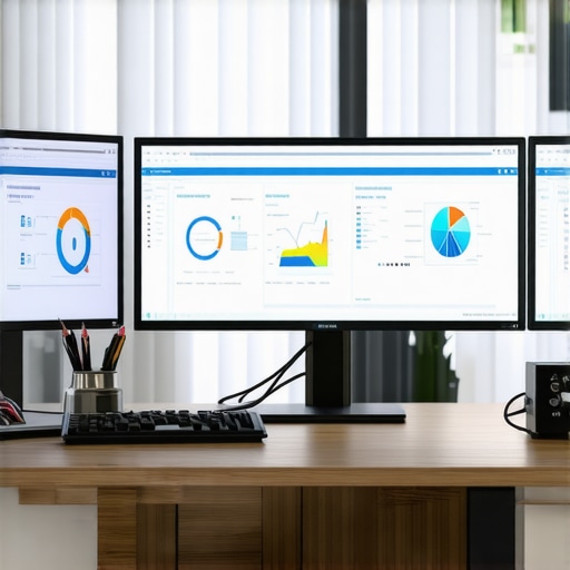A business owner monitoring Google Business Profile analytics on multiple screens with SEO tools.