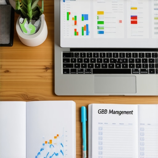 Laptop showing local SEO dashboards and charts with a notepad for GBP maintenance.