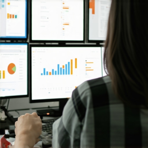 Person working with SEO analytics dashboards on multiple monitors, emphasizing tools for profile maintenance.